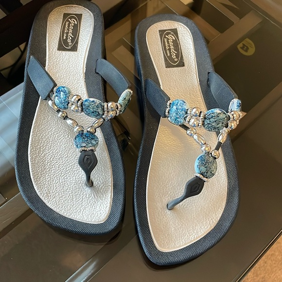 Grandco Shoes Grandco Blue Silver Island Thong Slip On Flip Flops